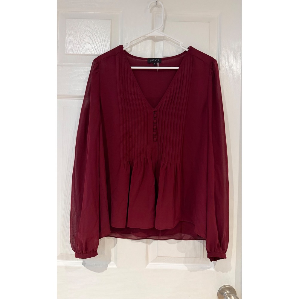 1.STATE‎ Womens Pintuck Pleated V-Neck Peplum Blouse Burgundy Red Size L